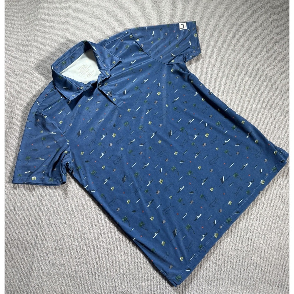 Huk Mens Performance Polo Shirt Medium Blue Nautical Fishing‎ Boat Print M